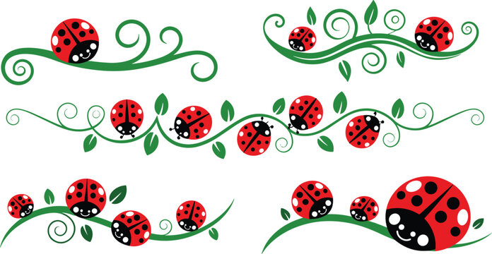 Cute ladybug seamless divider vector element set with green vine swirls and isolated red ladybird illustrations