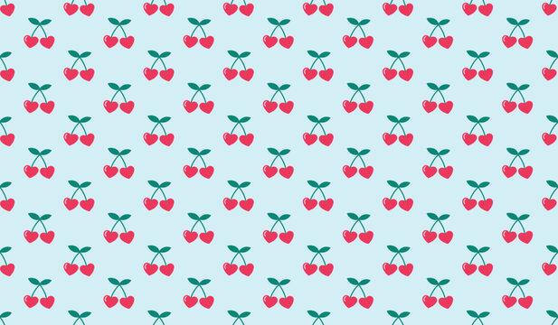 Seamless pattern with cute heart-shaped cherries on a light blue background, perfect for baby, fabric, stationery, or spring-themed designs.