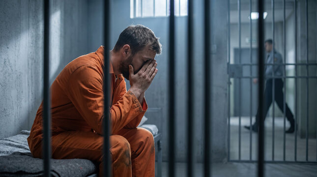 Sad inmate in orange jumpsuit sitting in prison cell behind bars