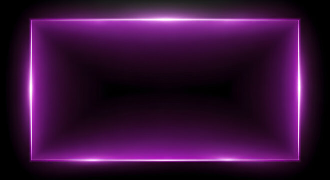 Glowing purple neon rectangle frame in dark background with vibrant lighting for futuristic advertising