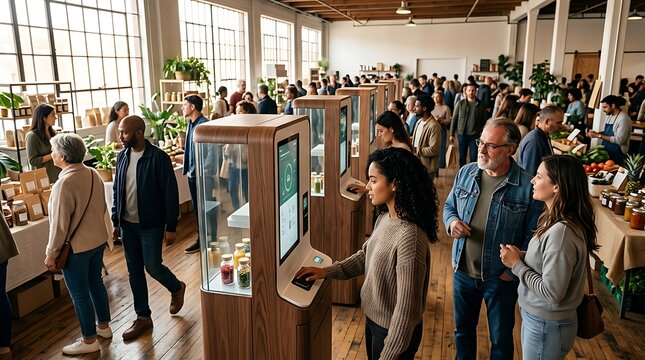 People using self service kiosks in a modern busy marketplace