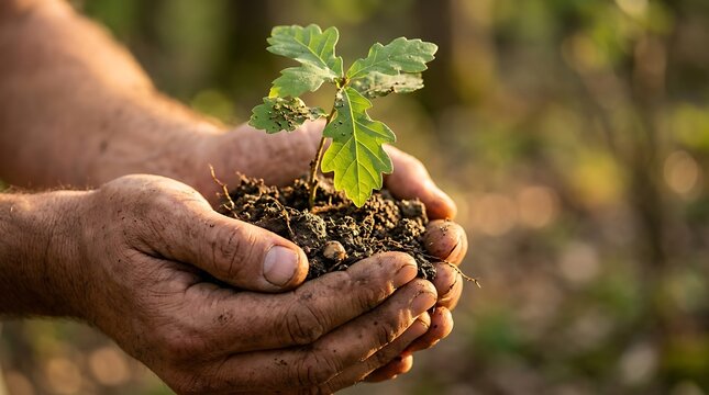Hands holding a small oak tree sapling in fertile soil