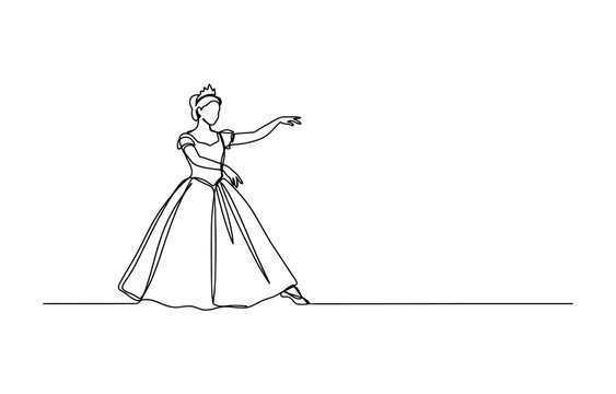 Continuous single line drawing of a beautiful princess wearing a crown and a long ball gown dress dancing gracefully in a classic pose Vector, illustration