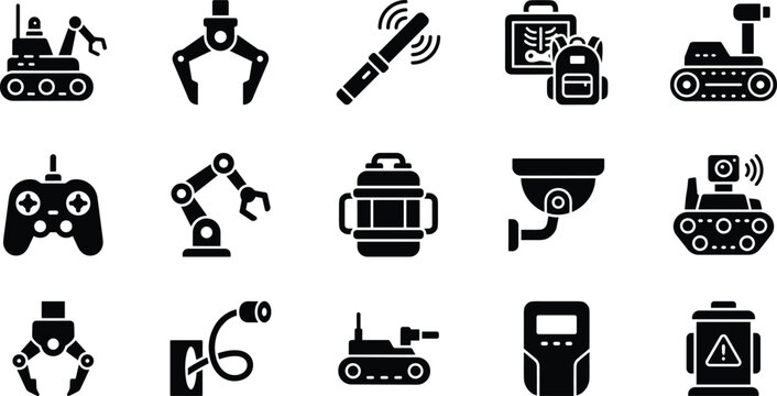 Set of icons related to bomb disposal and robotic equipment, including remote controlled robots, mechanical arms, surveillance cameras, and hazardous material containers