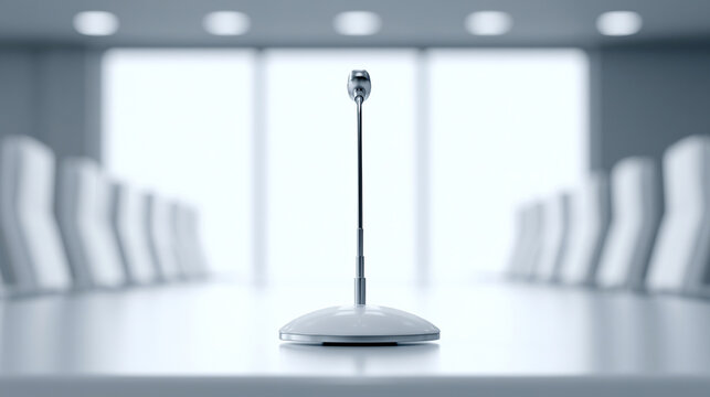 Modern boardroom meeting room setup with central conference microphone on white table

