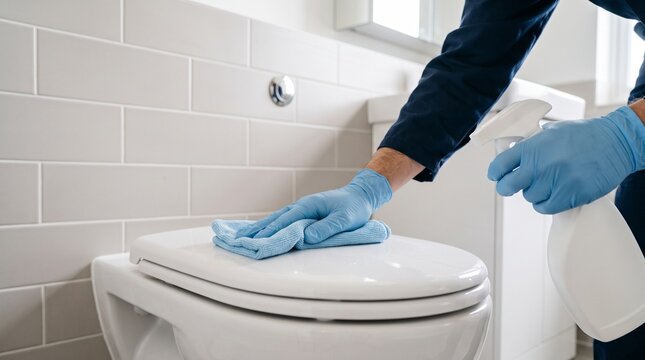Professional cleaner wiping a toilet seat with a microfiber cloth and spray bottle in a modern bathroom