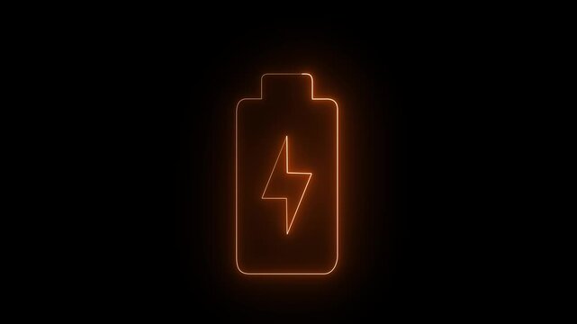 Glowing neon orange color battery icon with lightning bolt symbol animation isolated on black background 4k video
