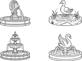 Obraz premium A collection of four distinct garden water fountain illustrations rendered in a clean black and white line art
