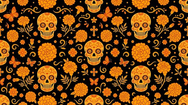 Seamless day of the dead pattern with sugar skulls and marigolds