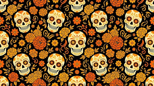 Seamless day of the dead pattern with sugar skulls and marigolds