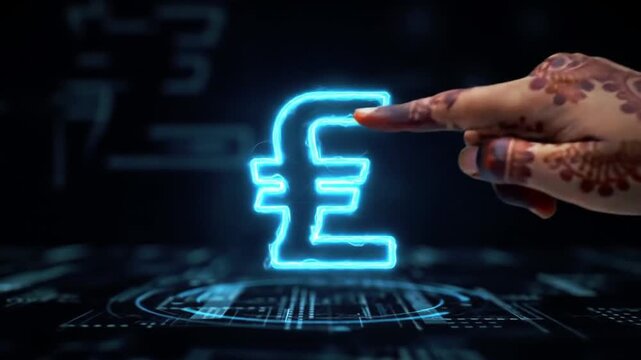 Hand with henna pointing at glowing blue British pound symbol on digital fintech background