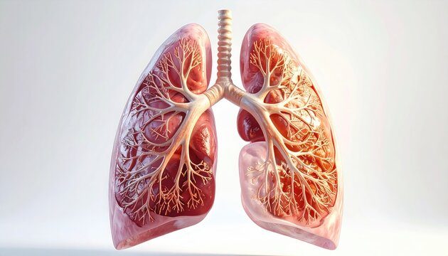 Detailed 3D render of healthy human lungs, showing bronchial tree and vascular network