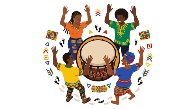 Vector illustration of children dancing around a drum, colorful flags and confetti, vibrant cultural celebration scene