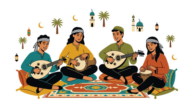 Traditional Middle Eastern musicians, cultural vector icons, Ramadan celebration, musical instruments
