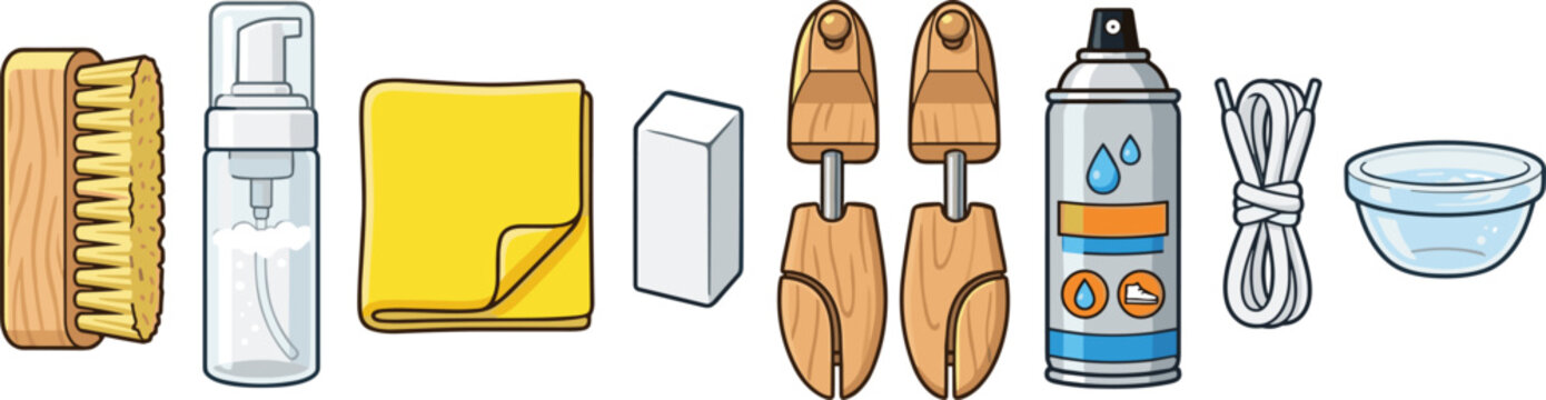 Horizontal sneaker care vector set featuring wooden brush, foam cleaner, yellow cloth, stain eraser, shoe trees, and waterproof protective spray.