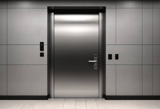 Modern metallic automatic sliding door in a minimalist interior hallway