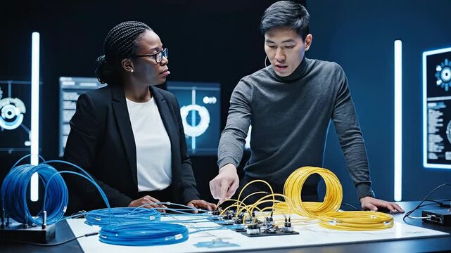 Diverse Professionals Analyzing Data at High-Tech Workstation Surrounded by Colorful Wires in a Futuristic Environment