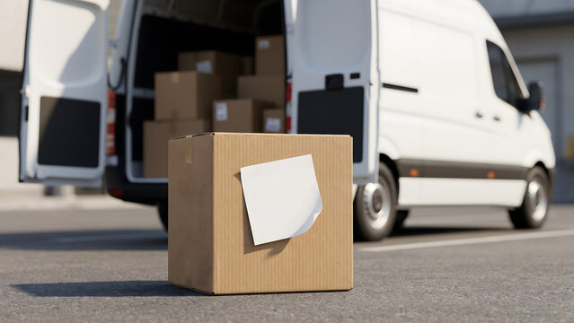 Blank Sticky Note on Cardboard Shipping Box with Open Delivery Van and Parcels