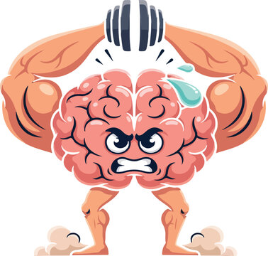 Cartoon brain with muscular arms lifting barbell symbolizing mental strength determination effort and training the mind like a muscle