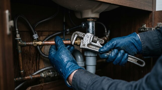 Professional plumber fixing leaking sink pipes with wrench plumbing maintenance professional technical bathroom equipment craftsman improvement mechanical installation connection domestic