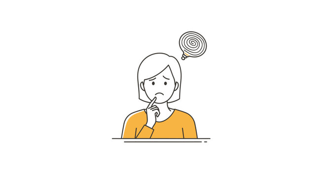 A person with their finger on their chin, lost in thought, with a swirling thought bubble above their head representing confusion or deep contemplation