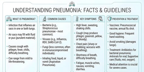 Fototapeta premium Understanding Pneumonia: Facts and Guidelines on Lung Infection, Causes, Symptoms, Risk Factors, Diagnosis, Treatment, Prevention, Vaccination, Recovery, and Everyday Respiratory Health Protection