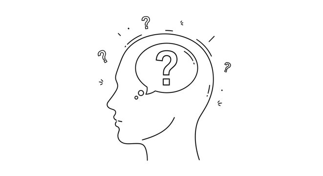 Curious mind with question marks in thought bubble over profile silhouette