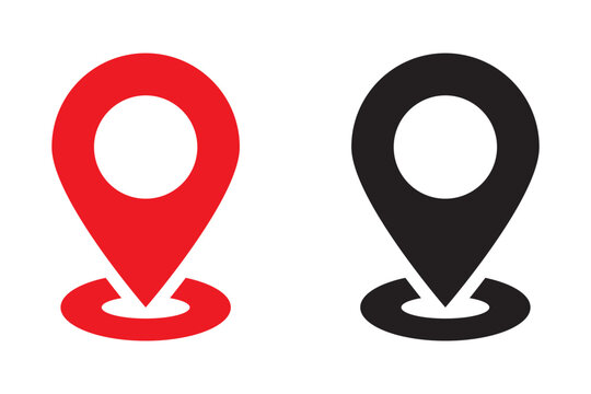 Red and black map pin icon set. Solid silhouette location pointer symbols with circular base, GPS navigation, place marker and destination point collection