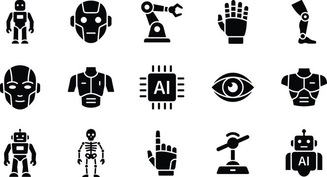 Set of artificial intelligence and robotics icons, including robot heads, mechanical limbs, ai chip, and futuristic body parts
