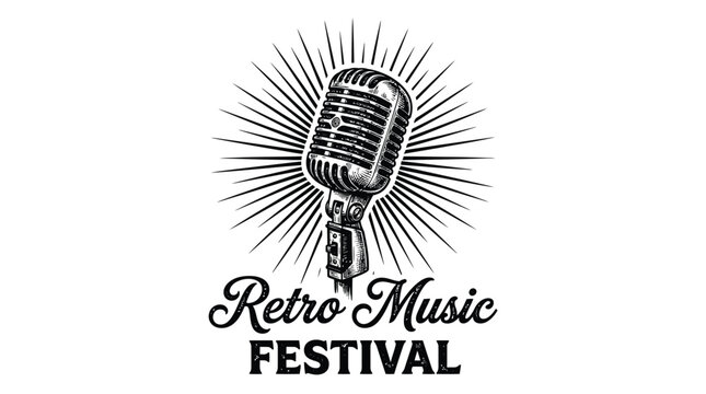 Detailed vintage microphone illustration featuring bold radiant lines for a classic retro music festival logo