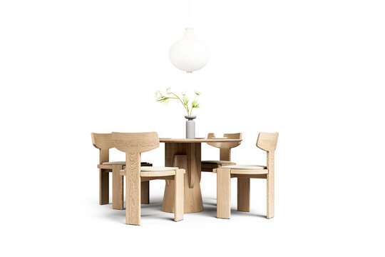 Minimalist round wooden dining table with light oak chairs isolated on transparent