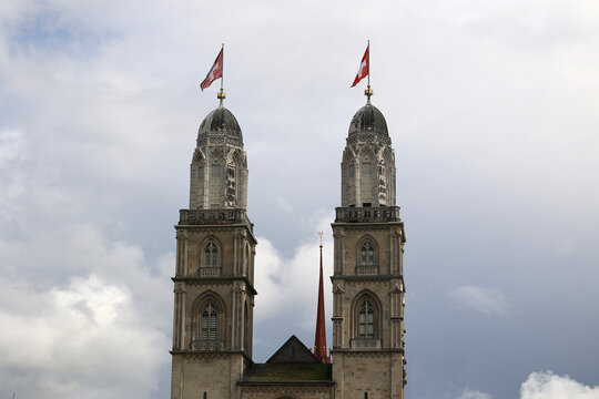 The twin towers of the Grossm&uuml;nster in Zurich, Switzerland