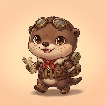 Adorable cartoon pilot otter in retro flight costume illustration