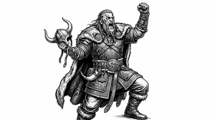 Obraz premium Detailed black and white illustration of a roaring Viking warrior holding a horned helmet and raising a fist, depicted in a powerful stance.