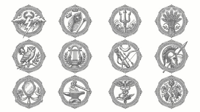 Twelve detailed circular emblems depicting symbols of the Olympian gods from Greek mythology, rendered in a monochrome, illustrative style.