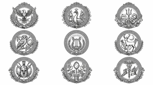 Nine circular emblems depicting symbols of Greek and Roman Olympian gods, including an eagle, peacock, trident, owl, lyre, deer, shield, mirror, and caduceus.