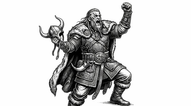 Detailed black and white illustration of a roaring Viking warrior holding a horned helmet and raising a fist, depicted in a powerful stance.