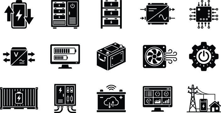 Set of energy storage system icons, including battery modules, power inverters, monitoring software, cooling fans, and grid connection infrastructure