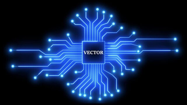 Abstract digital processor chip with glowing blue neon circuit board lines forming vector text animation.