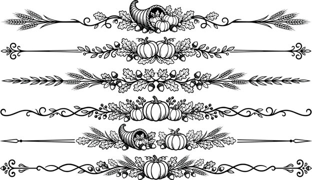 Set of autumn harvest themed horizontal dividers with pumpkins and wheat transparent background