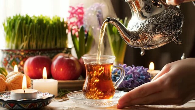 Elegant Close-up of Hand Pouring Tea from Silver Teapot into Glass Cup Surrounded by Fruits and Flowers Creating Inviting Atmosphere