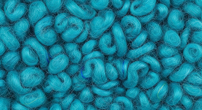 Macro shot of a vibrant blue curly wool texture with soft fiber curls for background