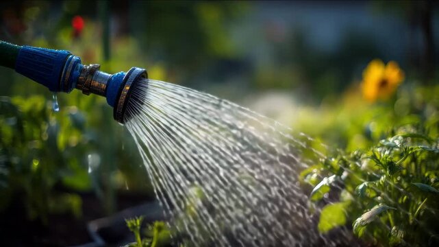 Watering green plants with hose in garden on sunny day close-up scene concept of irrigation How to Water Your Garden Efficiently