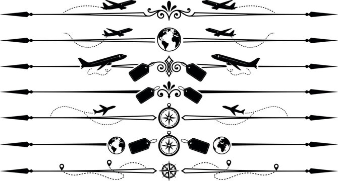 Collection of travel and tourism themed decorative line separators transparent background