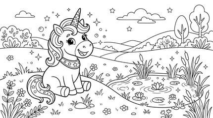 Fototapeta premium Cute unicorn sitting in flowery meadow near water for kids coloring page vector illustration