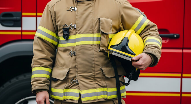 A professional firefighter in a protective uniform holds a yellow helmet near a red fire truck