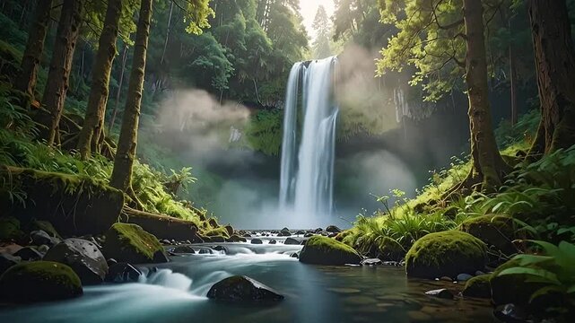 A majestic waterfall cascades into a serene river within a lush, ancient temperate rainforest