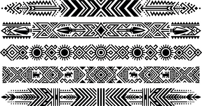 Set of tribal ethnic borders, geometric patterns, decorative dividers, vector illustration transparent background