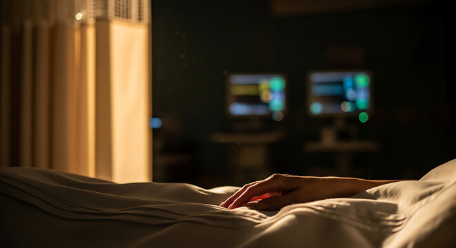 A hospital patient resting in a medical room with vital sign monitor screens representing healthcare privacy and hipaa compliance during recovery