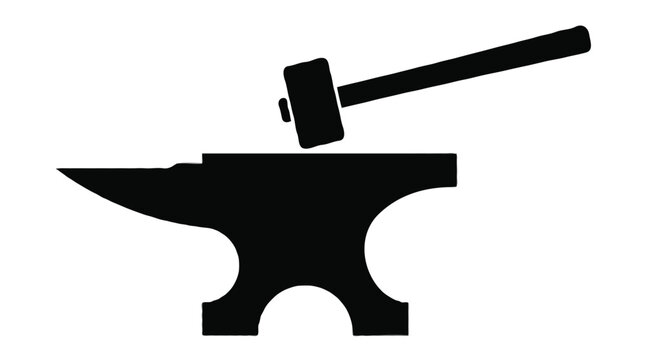 Black blacksmith anvil and mallet silhouette isolated on white background